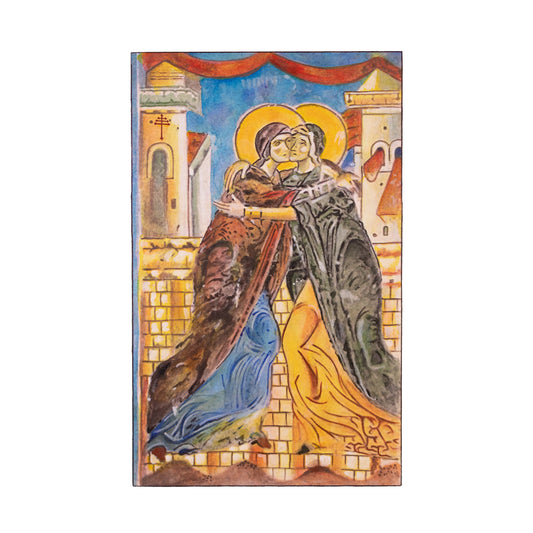 Cuadro «Visitación de la Virgen María a Santa Isabel» pintado a mano en acrílico sobre lienzo